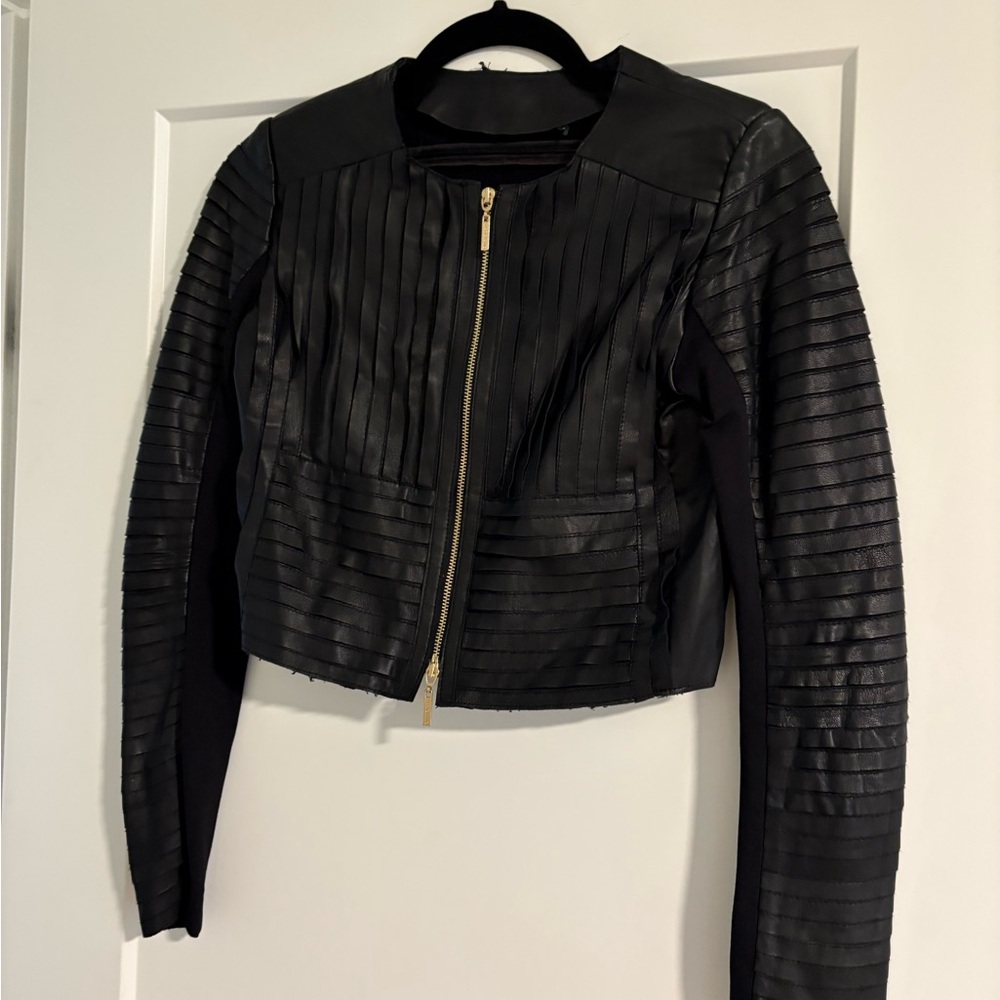 Marciano Black Quilted Leather Jacket with Gold Zipper